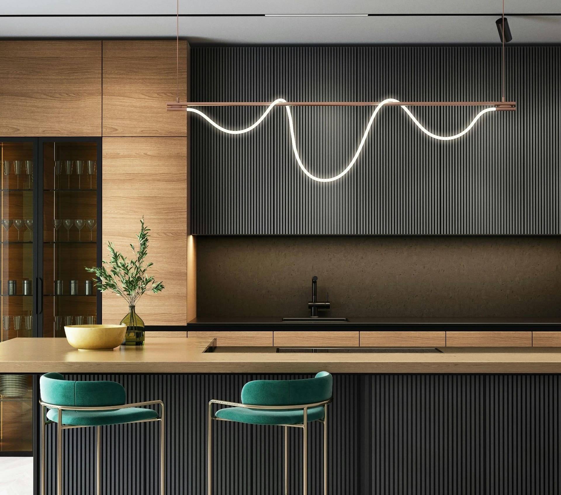 Luxury fitted kitchen with walnut cabinetry, fluted dark panels, sculptural neon pendant light and emerald velvet bar stools — social media agency for kitchen fitters